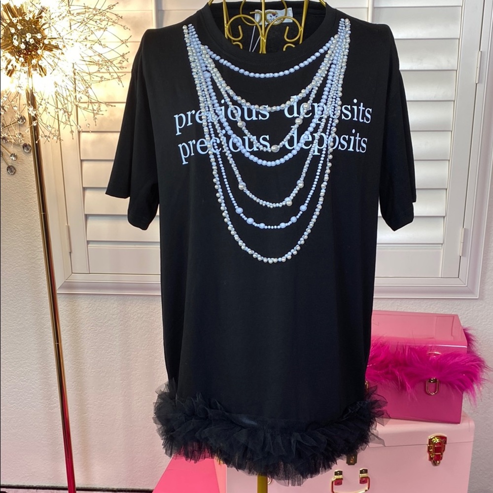 Precious Deposits” Pearl Graphic Tee with Tulle Hem